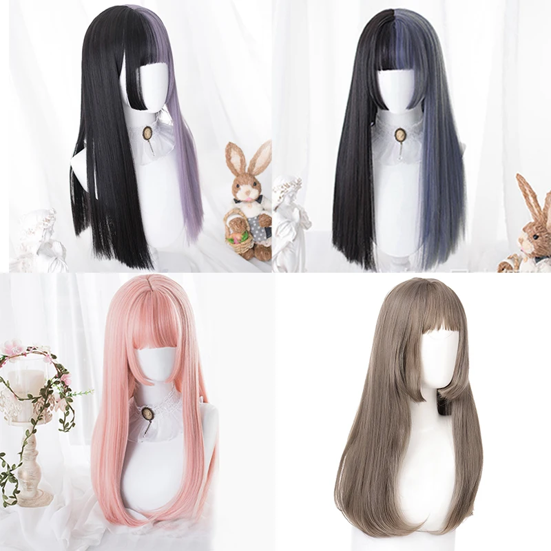 DIFEI Synthetic Long Straight Lolita Wig Pink Black Cute Female Heat Resistant Band Bangs Wig Anime Fake Hair