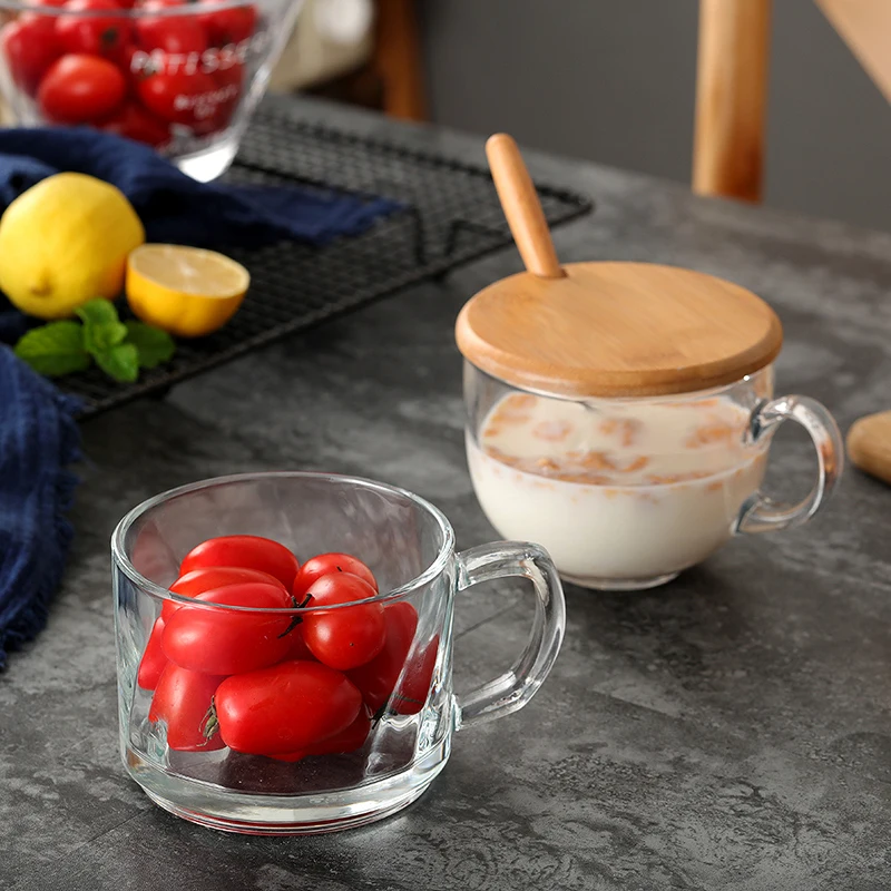450ml Glass Transparent Cups Large Milk Cup With Wooden Lid Oat Glass Transparent Mug Flower Tea Cup Coffee cup