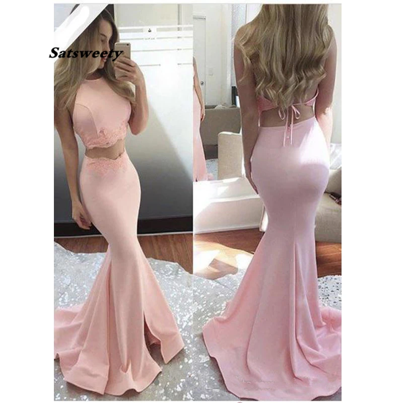 

Pink Two Piece Prom Dresses Mermaid Sweetheart Sweep Train Evneing Party Formal Gowns African DrCelebrity vestidos de festa