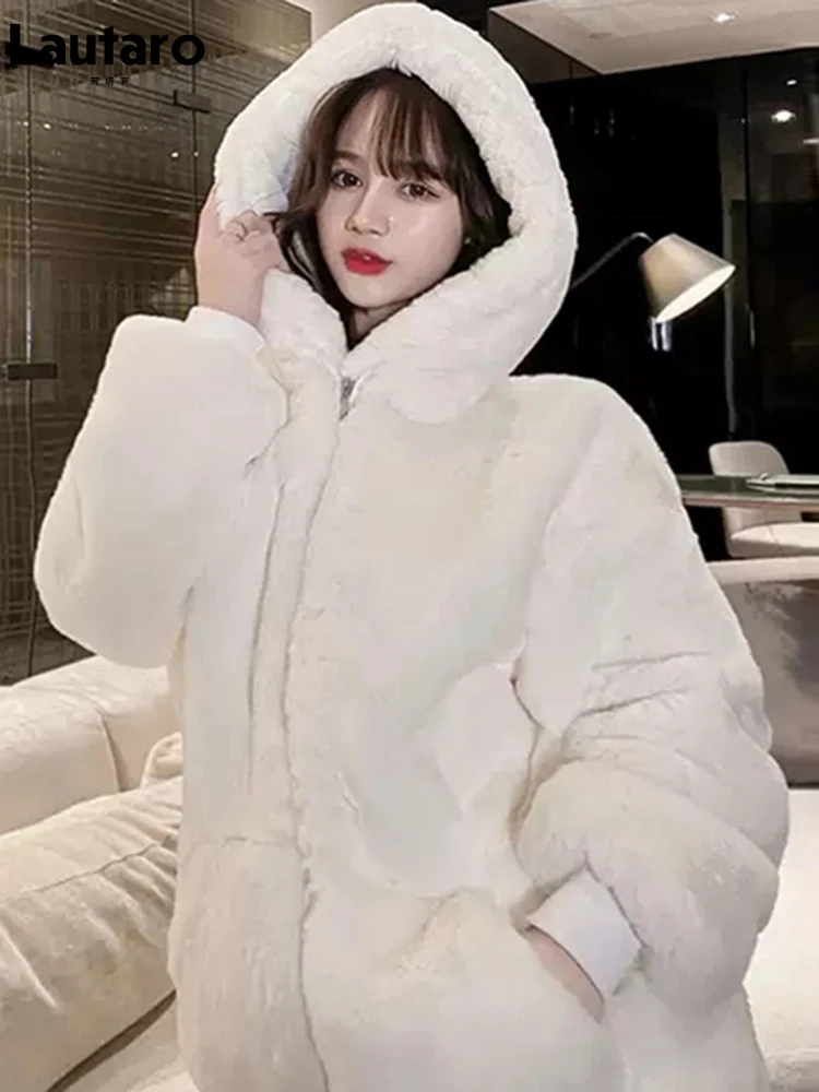 Lautaro Winter Fluffy Warm Soft White Oversized Faux Fur Jacket Women Long Sleeve Black Zip Up Faux Fur Sweatshirt Korean Hoodie