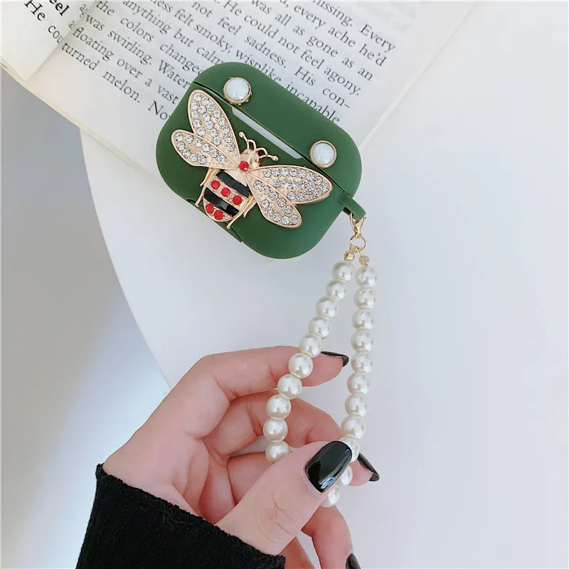 3D luxury brand diamond bee pearl jewelry wrist silicone cover for apple airpods pro case air pods pro 3 wireless charging funda