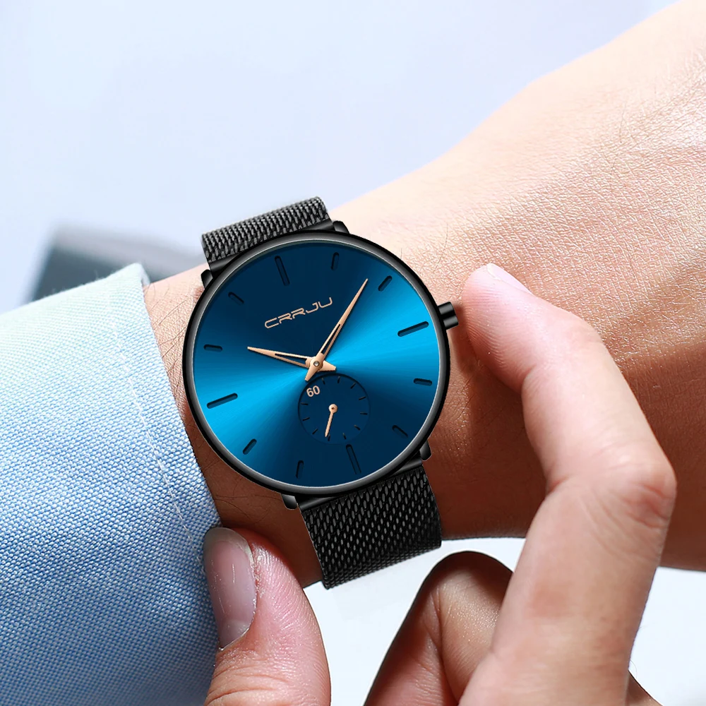 CRRJU moda mavi erkekler İzle en lüks marka Minimalist Ultra ince Quartz saat rahat su geçirmez saat Relogio Masculino