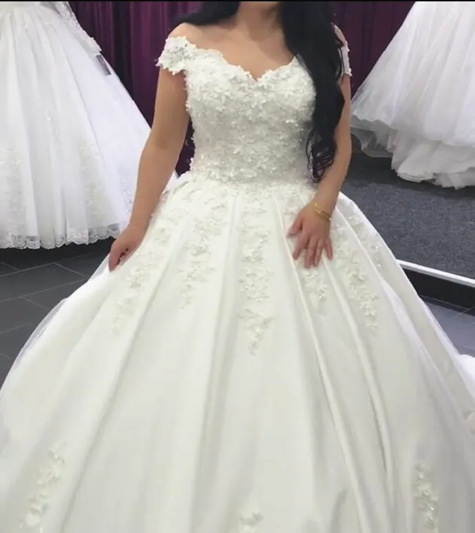 Vestido De Novia con cuentas De cristal para mujer, vestido De Novia De satén, blanco, marfil, con encaje hinchado, longitud hasta el suelo, HC46