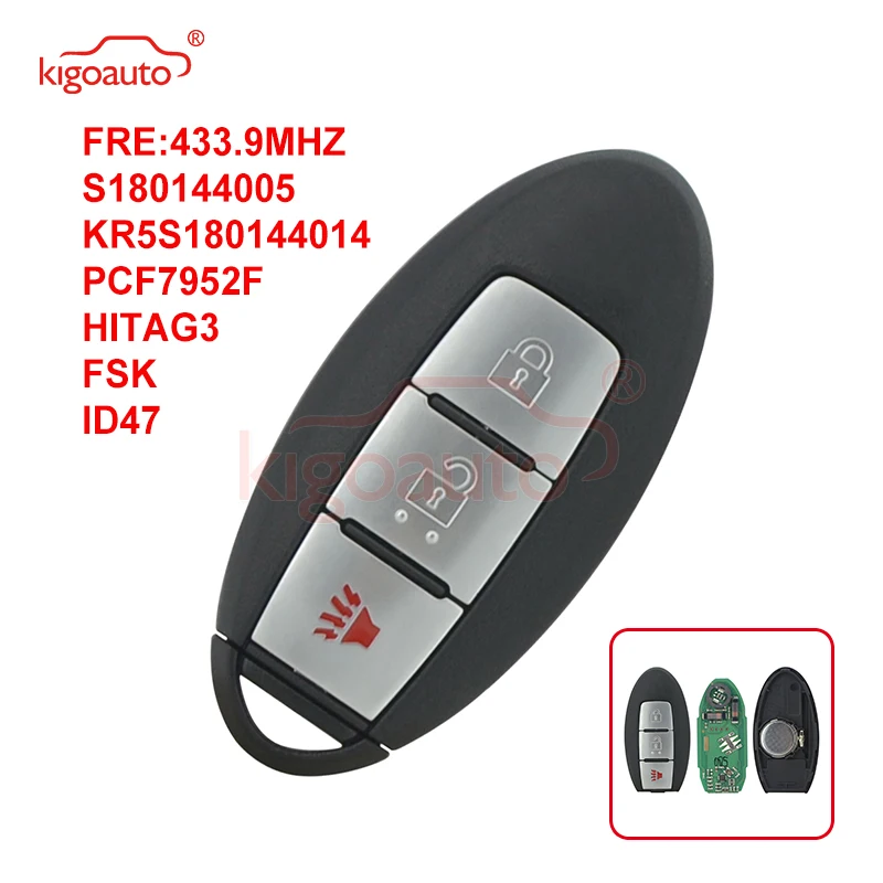 

Смарт-ключ KIGOAUTO S180144005, 3 кнопки, 433,9 МГц, FSK HITAG-3 ID47 PCF7952F для Nissan Pathfinder Key 2013 2014 2015 KR5S180144014