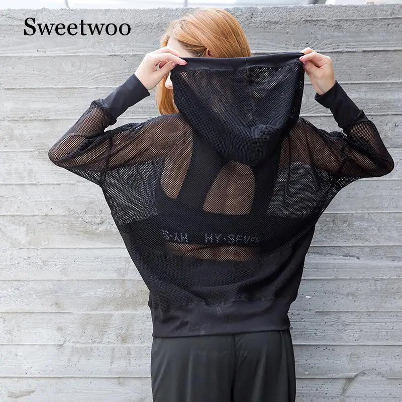 SWEETWOO Black White Mesh Yoga Top Sport Shirt Fitness Women Summer Hooded Long Sleeve Sports Wear Ladies Workout Gym T Shirt