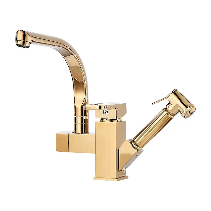 Kitchen Sink Faucet Solid Brass Mixer Tap Single Handle Hot & Cold Sink Crane Tap 360 Degree Rotation Pull Out Basin Faucet Gold