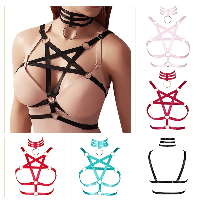 Fashion Alluring Body Suspenders Lingerie Bra Women's BDSM Choker Goth Sexy Harajuku High Neck Pentagonal Breast Harness Straps