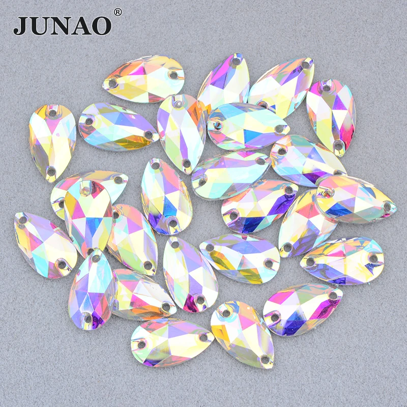 JUNAO 17*28mm Sewing Large Purple AB Teardrop Rhinestone Flat Back Crystal Stones Applique Sew On Strass Diamond for Dress