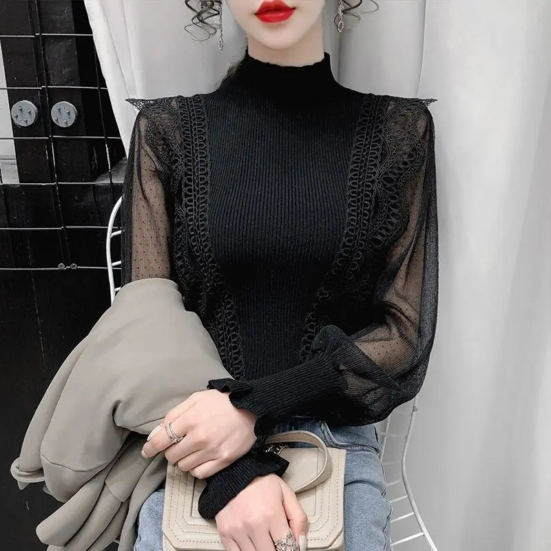 Spring and Autumn New Sweater Slim Mesh Lantern Sleeve Splicing Knitwear Long-sleeved Bottoming Pullover Women