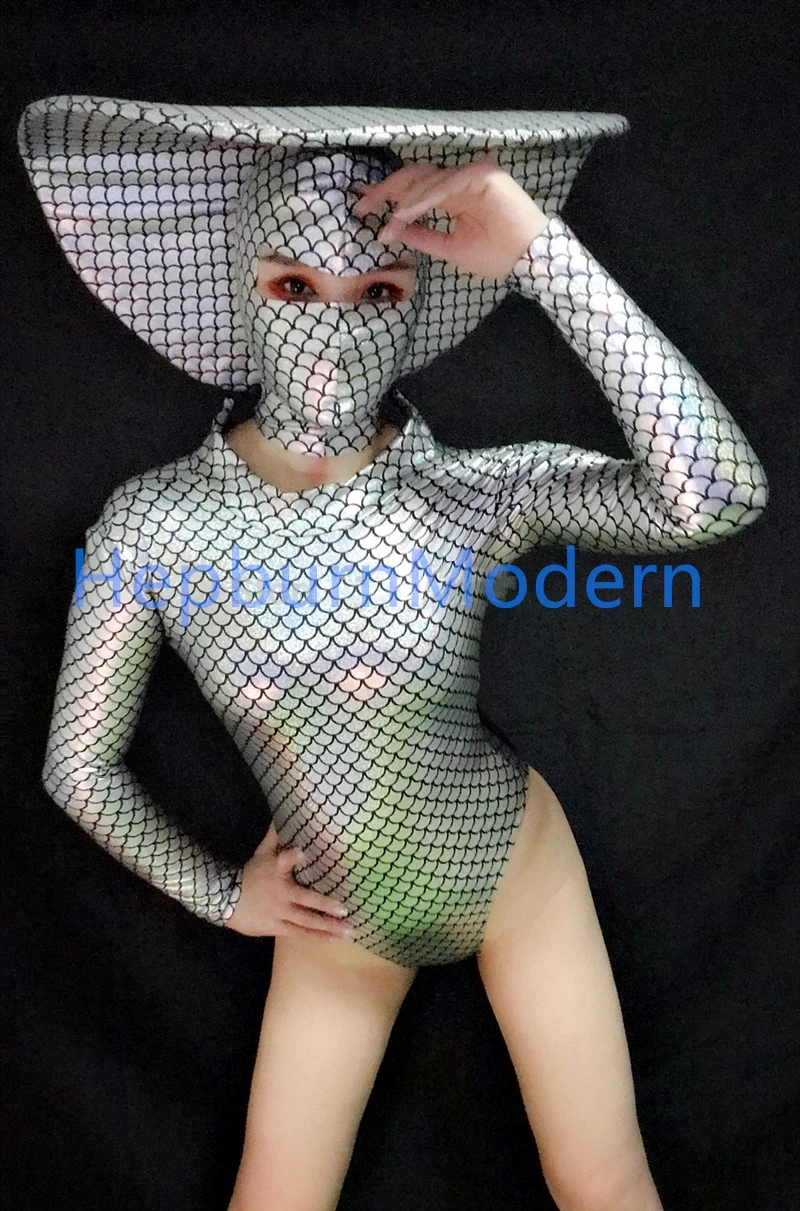 

Bar gogo ds laser costume illusion fish scales mysterious masked mermaid conjoined round headwear stage dance costumes