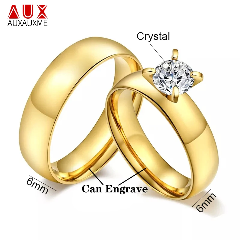 Auxauxme Shining Zirconic Lover\'s Engagement Rings Stainless Steel Engrave Name Date Wedding Band Ring Couple Women Men