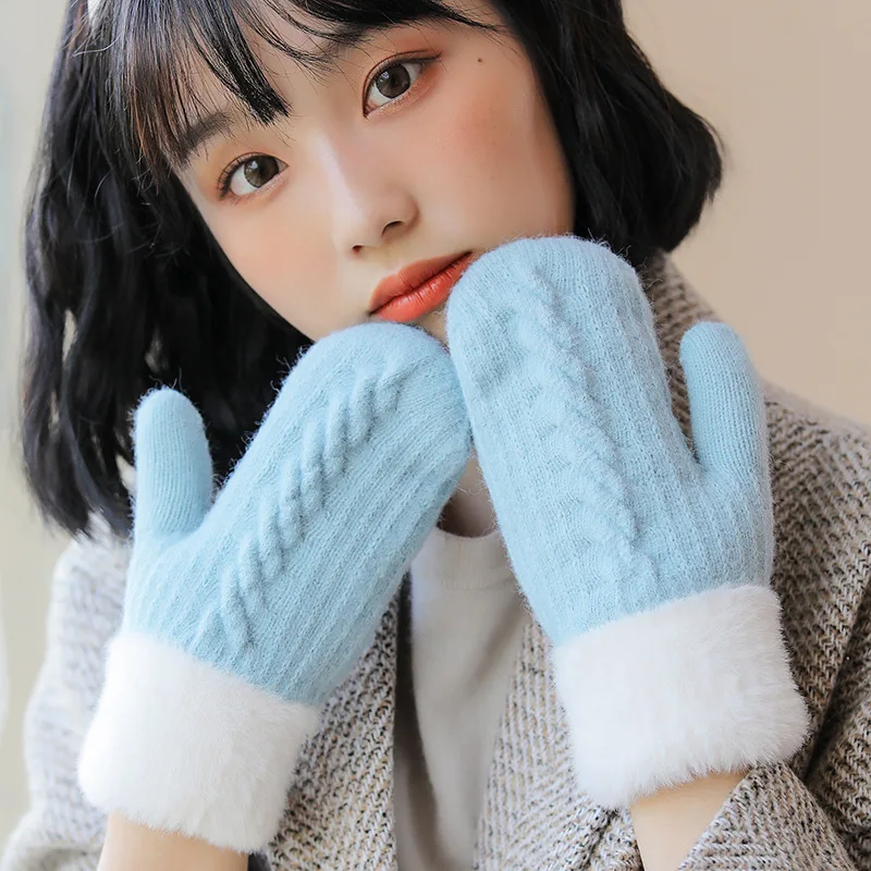 Winter Women Keep Warm Plus Velvet Inside Thicken Knitting Mittens Full Finger Cycling Woolen Gloves Japanese Style Cute Lovely