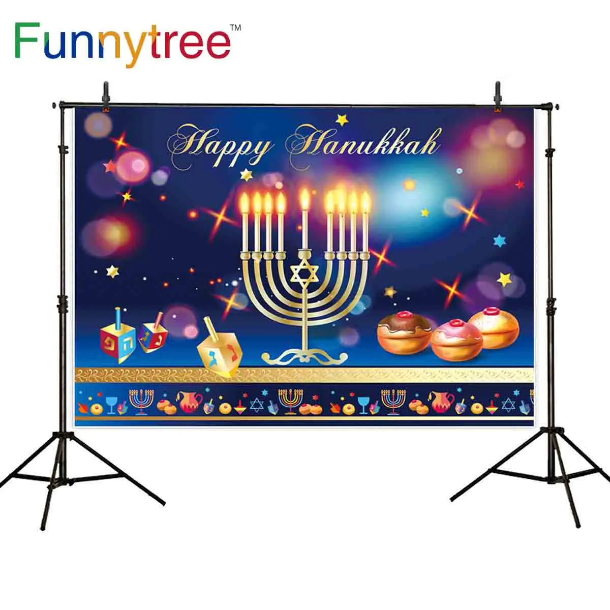 

Funnytree Happy Hanukkah Menorah Jewish Photography Studio Accessories Background Candle Dessert Wine Photozone Photophone Party