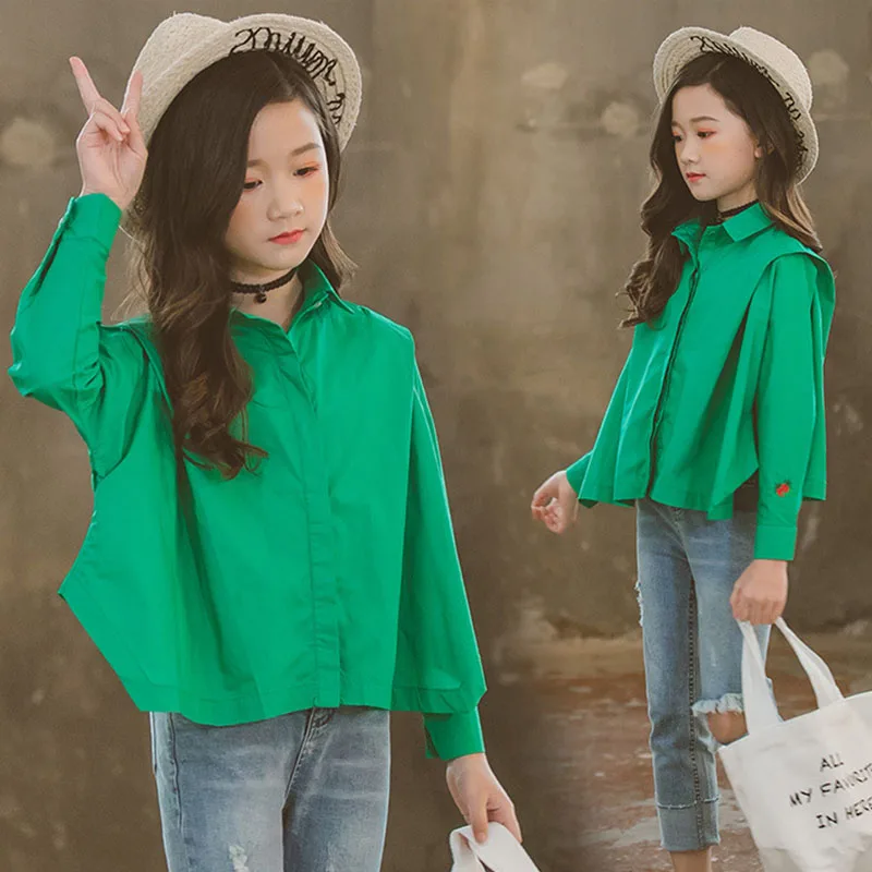 Girls Long Sleeve White Green Blouse Clothing Spring 2024 Autumn Shirts Kids Cotton Embroidery Loose Tops Girl 6 8 10 9 12 Years