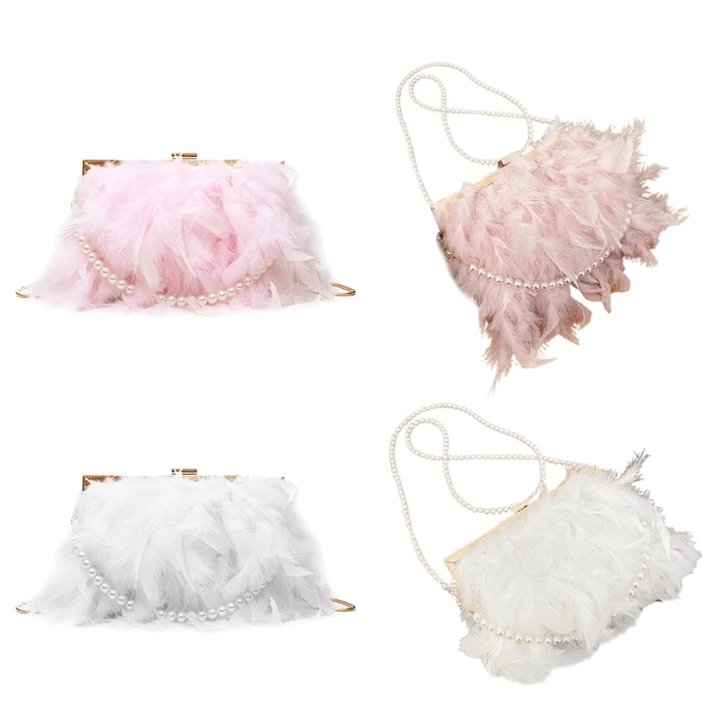 Evening Dinner Bag Feather Handbag Pearl Strap Crossbody Bags Luxury Clutch Bag Wedding Party Prom Clutch Purse