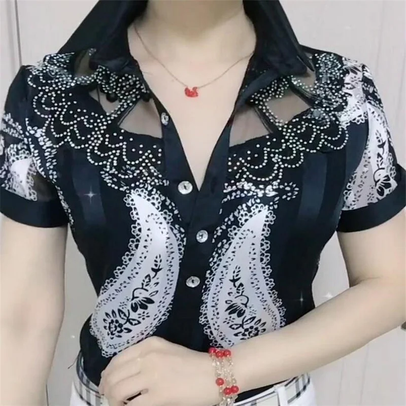 Lace Floral Shirts for Women Summer foreign style Tops Hot drill mesh lapel Feminine Bottoming Shirt trend 2021 Women\'s Blouses