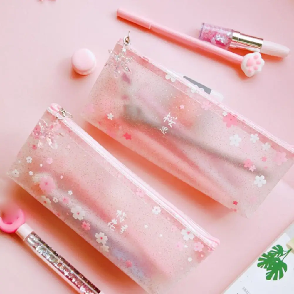 Stationery Bag Transparent Oriental Cherry Pattern Sweet Pink Frosted Students Sakura Pencil Pouch