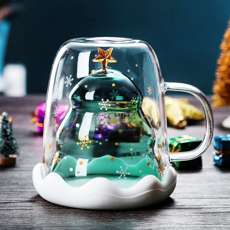 2020 Creative Christmas Mug Glass Christmas Tree Star Cup High Temperature Double Water Cup Party Xmas Gifts Foldable Travel Mug