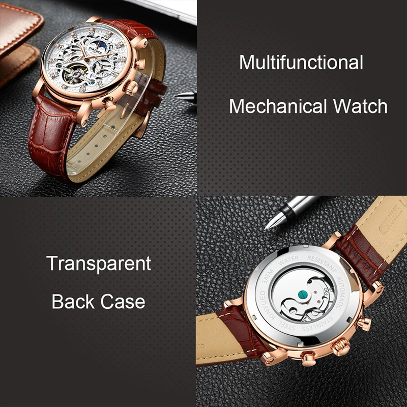 KINYUED Moon Phase Men Mechanical Wristwatch Luxury Brand Automatic Clock 30m Waterproof Watches For Men relogio masculino