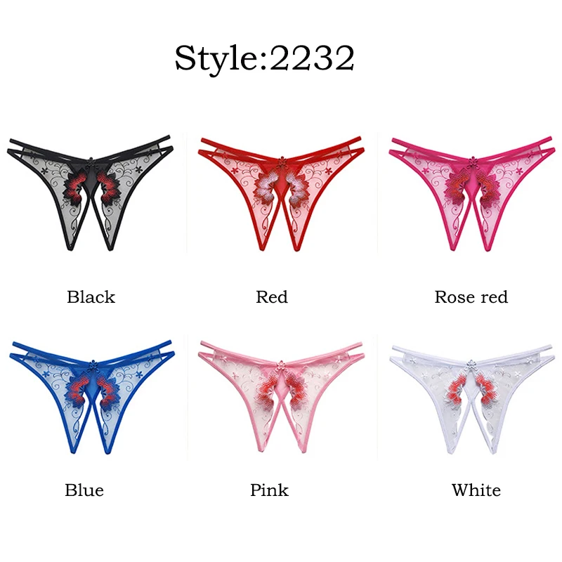 Women Sexy Thongs Embroidered Floral G-string Lace Lingerie Underwear Low Waist Open Crotch Underpants Female Panties Briefs