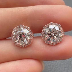 Huitan Simple Rose Gold Plated Stud Earrings with Round Cubic Zirconia Geometric Versatile Female Earrings Low-key Women Jewelry