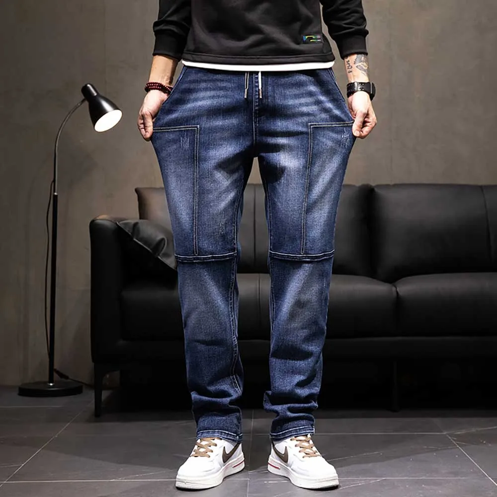 

Plus Size Straight Jeans Men Casual Denim Patchwork Trousers Elastic Waist Streetwear Harem Pants Clothing