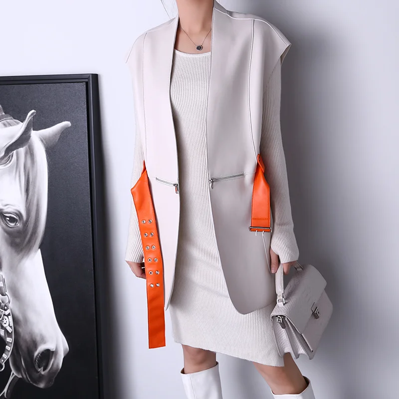 Sashes Designer Casual Medium Long Sheepskin Vest Women Elegant Office Sleeveless Jacket Streetwear Loose V-Neck Waistcoat