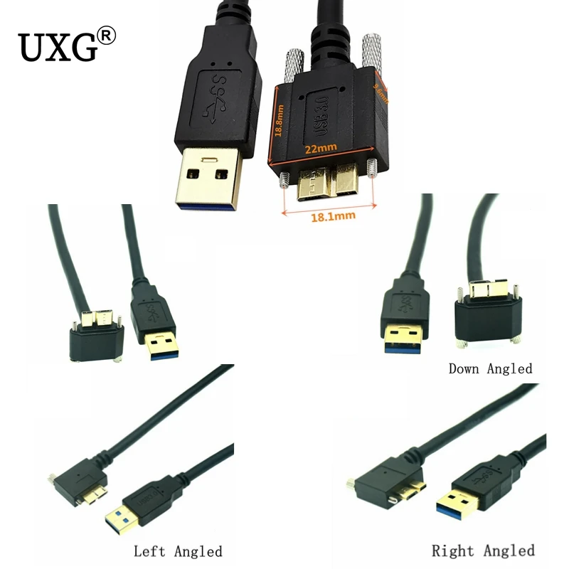 USB 3.0 a Male to Micro B Angled Cable 90 Degree Rotation Up/Down/Left/Right Mount with Lock Screw 30cm to 300cm Cord Adapter