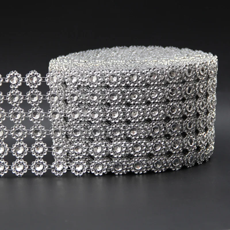 1 Yard Silver Crystal Ribbon Faux Diamond Acrylic Ribbon Wrap Flower Shape Mesh Wrap Roll for Wedding Party Decorations