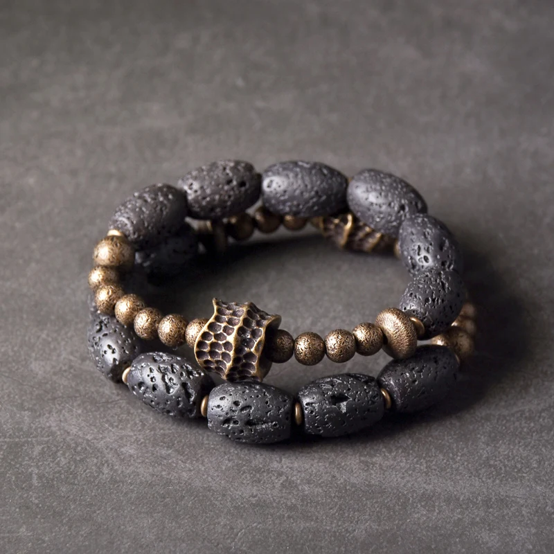 Barrel Lava Rock Stone Brass Charm Bead Bracelet Punk Essential Oil Hand Forged Rugged Wrist Jewelry Unique Men Women Accessory