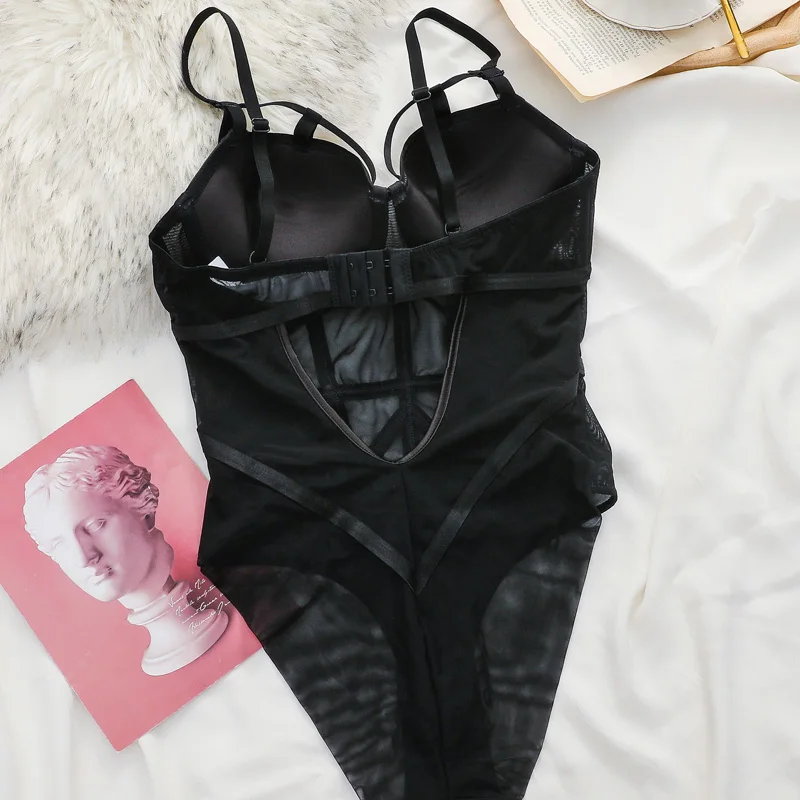 Classic Bandage Sexy Bodysuit Transparent Lace Stripe Mesh Onesies Women Hollow Push Up Bra Set Bottom Three-breasted Underwear