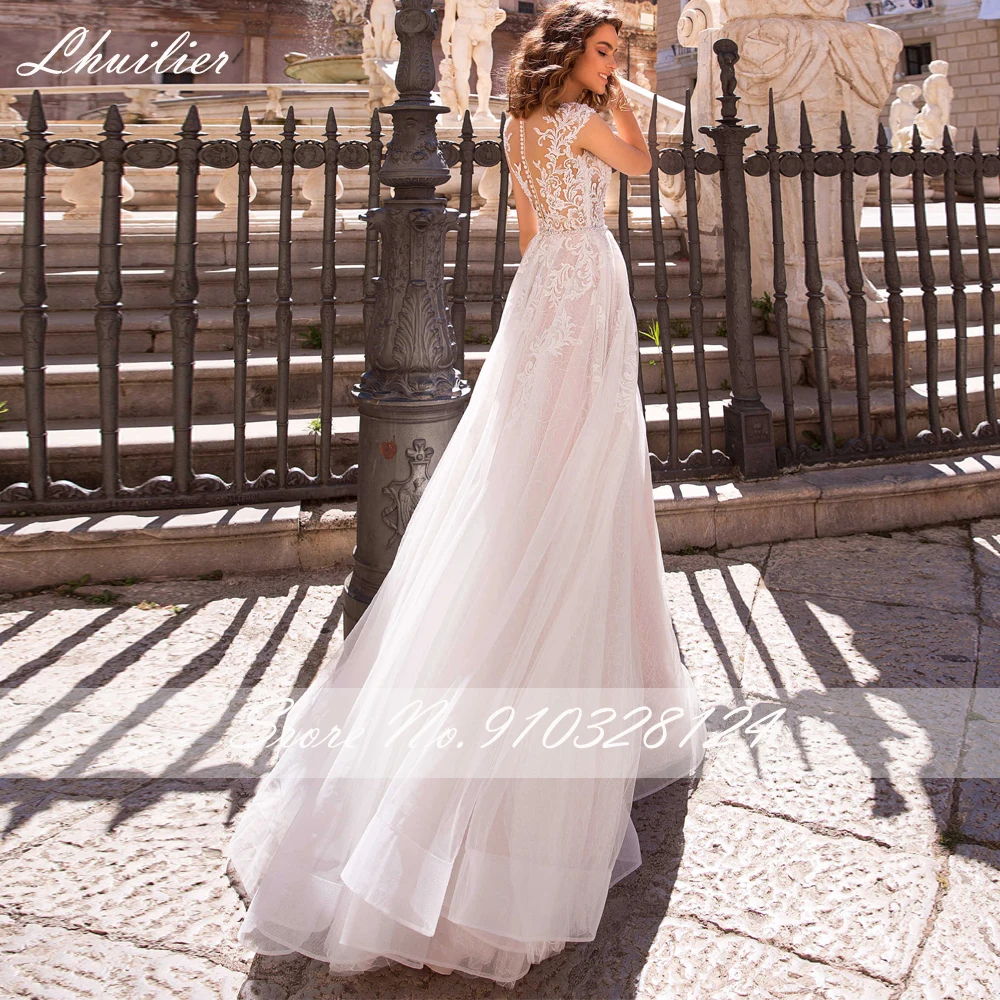 Lhuilier Customized A-line V-neck Illusion Wedding Dresses Crystal Beaded Sleeveless Floor Length Lace Bridal Dress with Belt