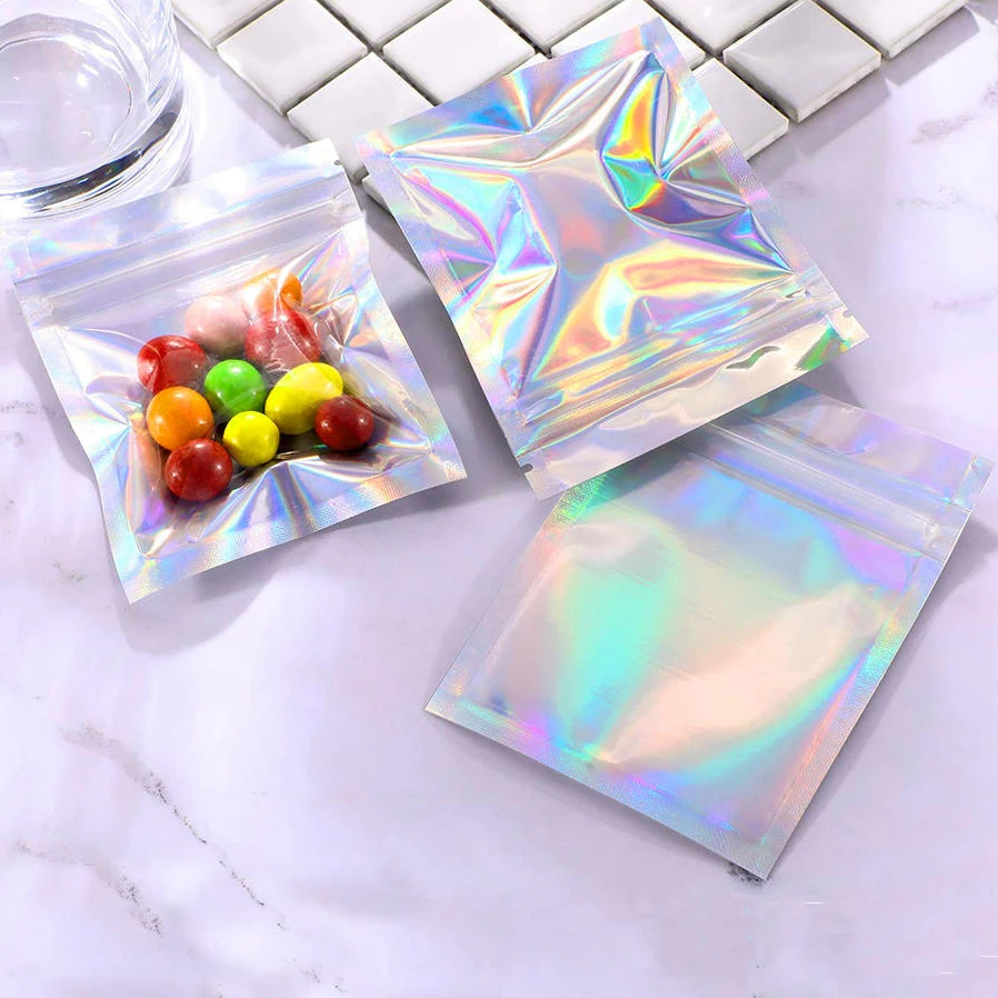 

Thick 100pcs Big Size Flat Zip lock Bath Salt Cosmetic Bag One Side Clear Holographic Laser Mini Aluminum Foil Zip Lock Bags