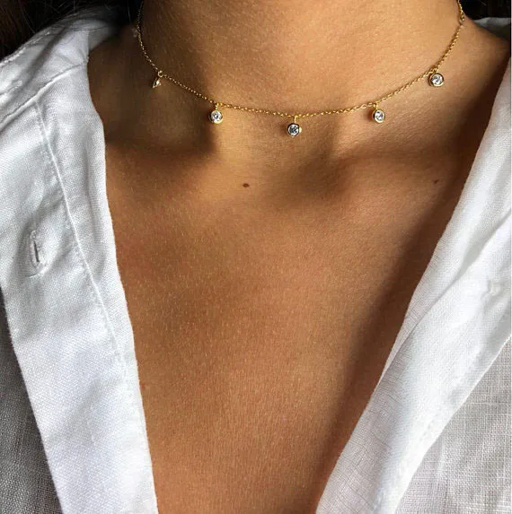 2017 high quality bezel 3mm cz charm drop 925 sterling silver 35+10cm extend chain choker silver charm necklace