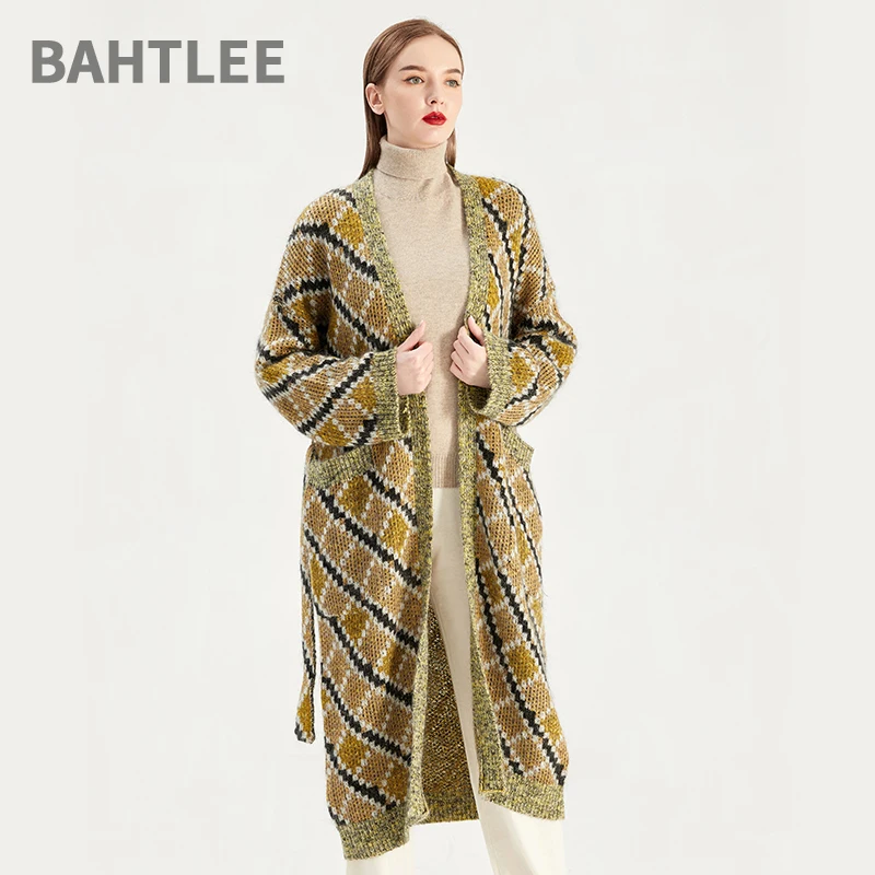 BAHTLEE-Multicolour Mohair Coat for Women, Long Sleeve, Cardigan Sweater with Belt Sashes, Wool Knitted Jumper, V-Neck, Loose