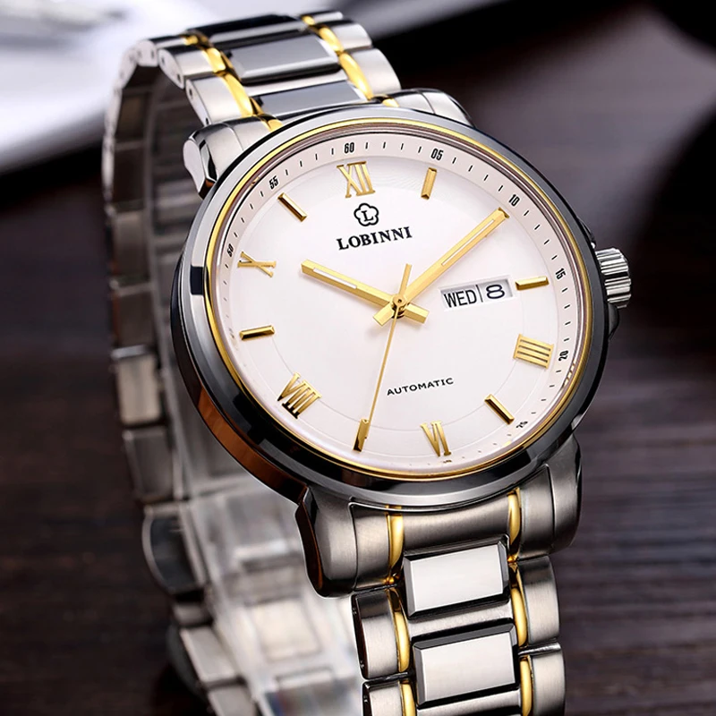 LOBINNI 간단한 스테인레스 스틸 남자 자동 기계식 시계 날짜 주 시계 사파이어 방수 50M 시계