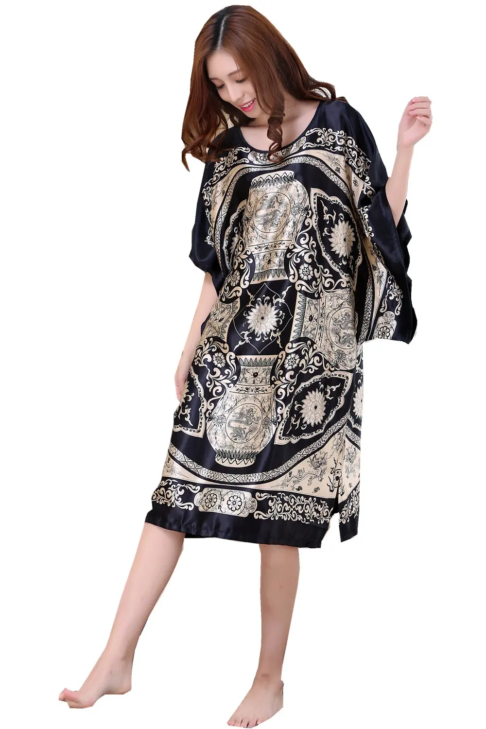 Summer Women Nightgown Print Sleepwear Night Bath Dress Gown Satin Sleep Shirt Sexy Nightshirt Home Clothes Intimate Lingerie