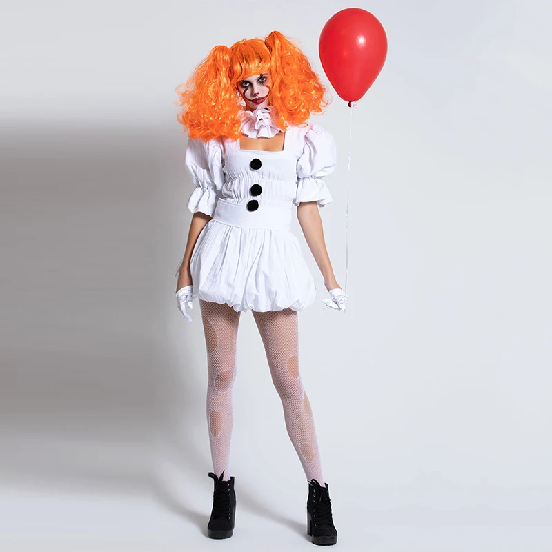 Halloween Horror Clown Cosplay Costume For Women White Short Sleeve Square Collar Mini Dress Stage Play Party Character Uniform