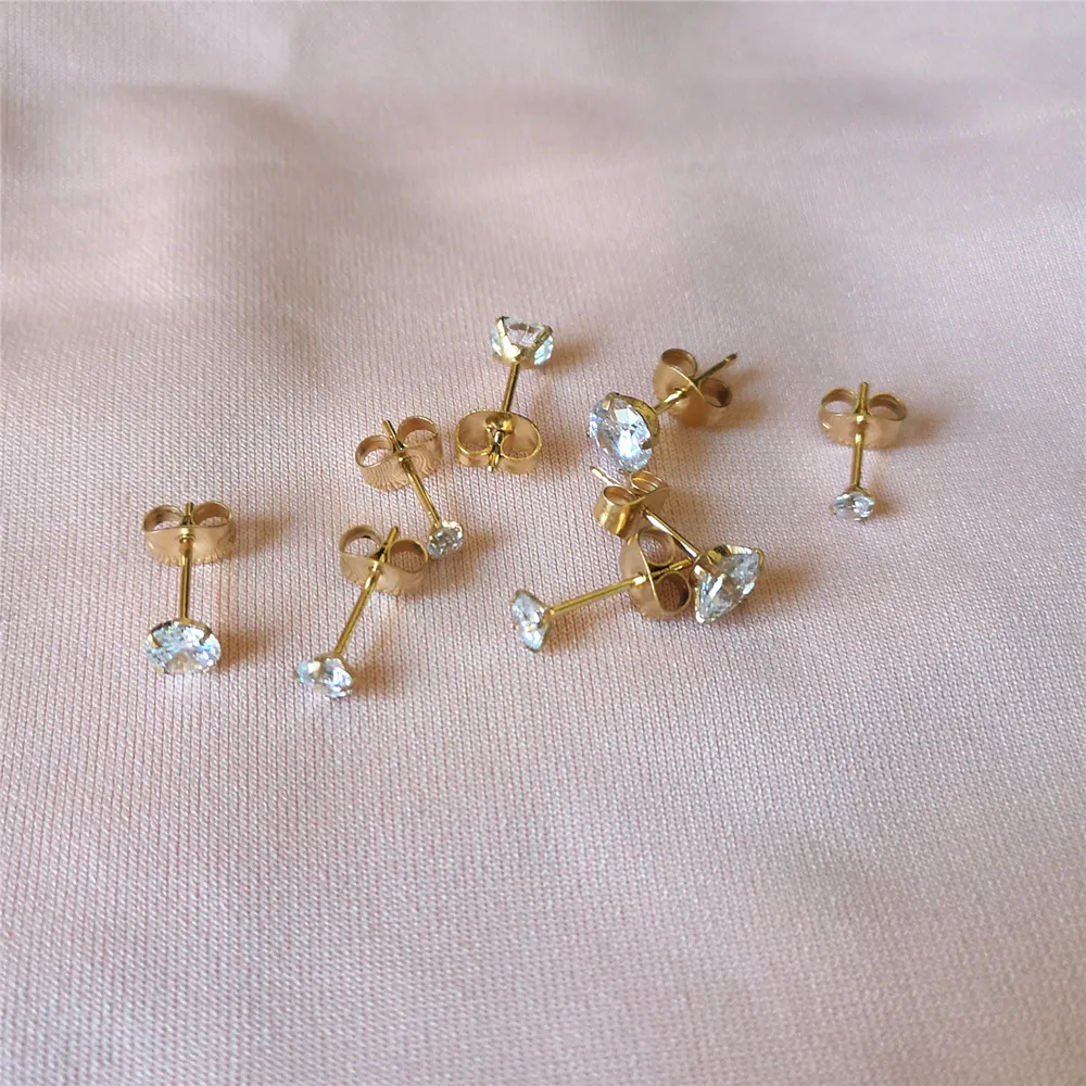 Edelstahl-Ohrstecker, hypoallergen, mit Push-Back-Verschluss und glitzernden AAA-Zirkonia, IP-Beschichtung, 3/4/5/6 mm, Schmuck – Detail 1