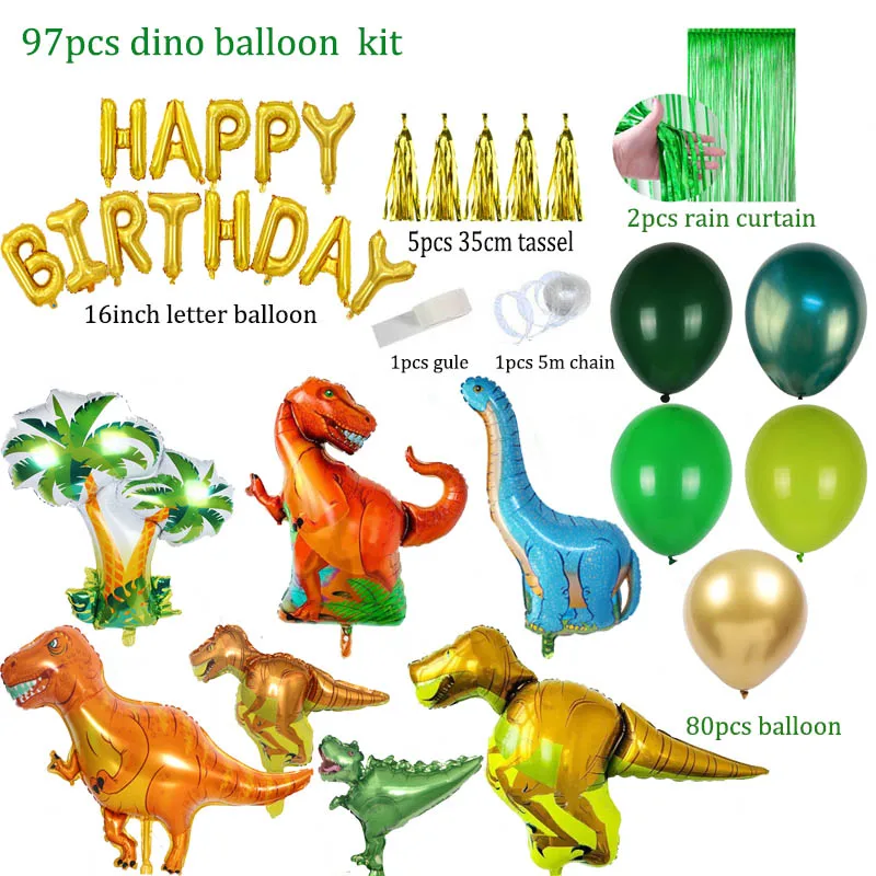 Decoración de fiesta de cumpleaños, accesorio con arco, juego de guirnaldas, globos de Feliz Cumpleaños, cortinas dinosaurio, fiesta temática, 97