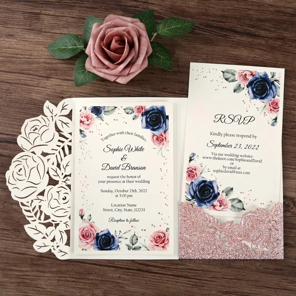 100pcs Rose Gold Laser Cut Wedding invitations for Wedding (5 Colors)