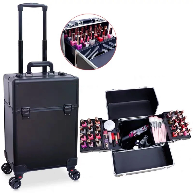 Chariot à roulettes pour tatouage et ongles, valise de maquillage, boîte à outils multifonction en aluminium pour cheveux, grande capacité