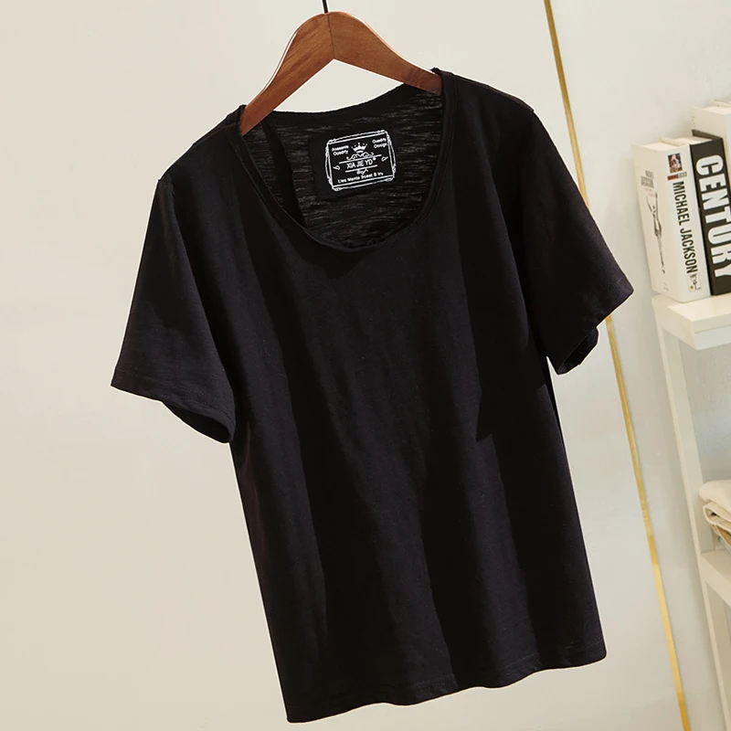 여성 브이넥 순백색 반팔 티셔츠, 루즈하고 얇은 반팔 상의, 한국 핑크, 여름 신상