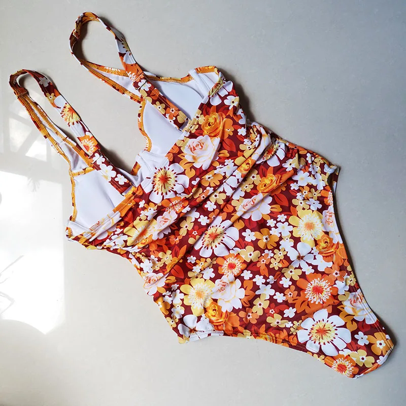Floral Printed One Piece Swimsuit Women Swimwear High Cut Monokini High Waist Bathing Suit Sexy Underwired Bodysuit Beach Wear