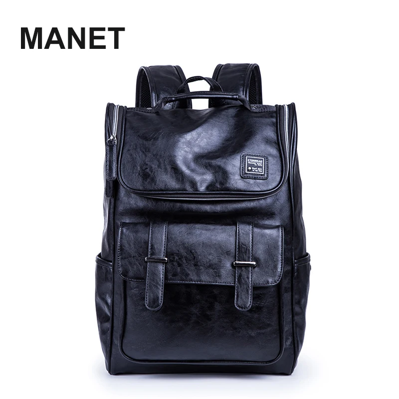 

MANET Casual Men's Backpacks Fashion PU Leather Male Handbag Black Leather Backpacks Student Schoolbags Computer Laptop Mochilas