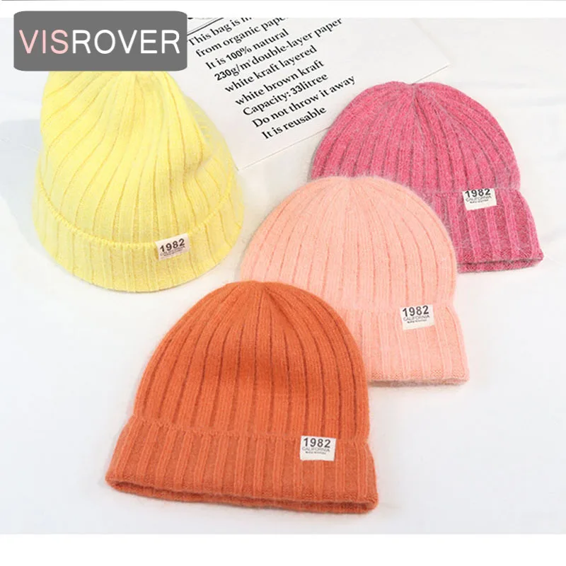 VISROVER 10 colors solid real rabbit fur beanies winter hat for woman acrylic hat woman Autumn Warm skullies gift Wholesales