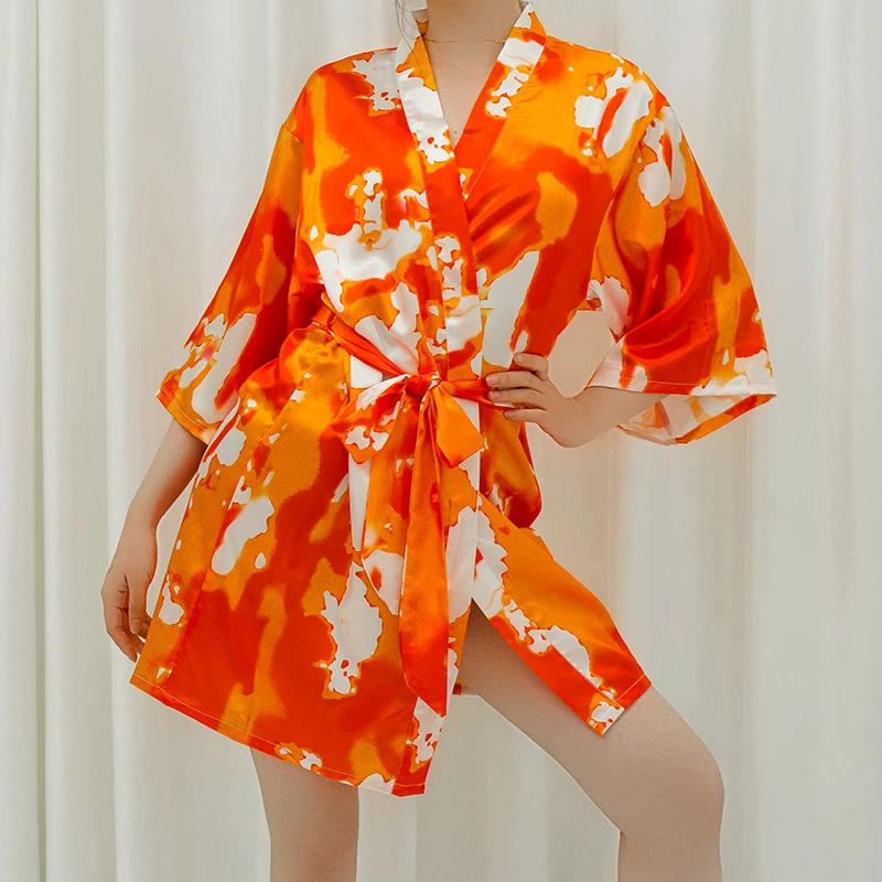 Women's Nightgown Summer Sexy Robe Tie Dye Flame Printing Sleepwear Morning Robe Home Service Bathrobe Pijamas New