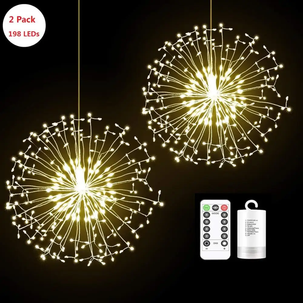 Hanging Starburst Fireworks Lights, 198 LED Fireworks Starburst Dandelion Fairy Lights Battery Operated String Light, 2/ 1 Pack