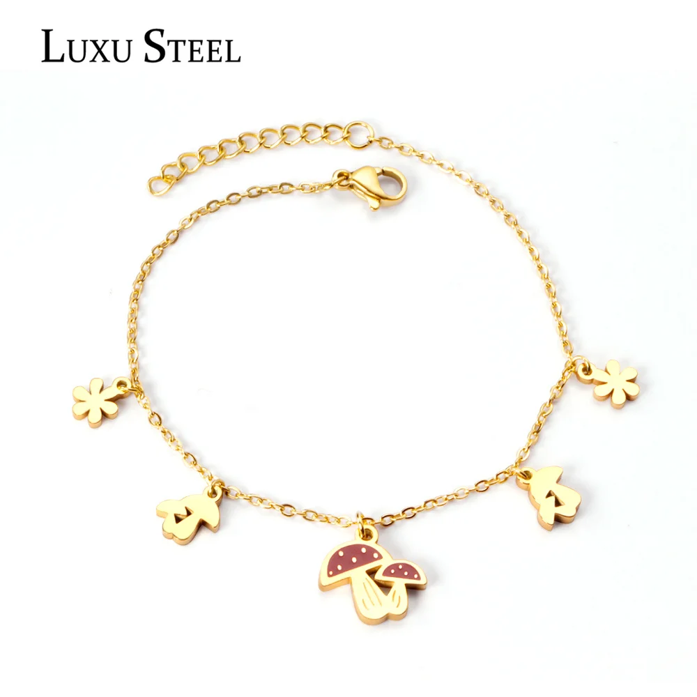 LUXUSTEEL Niedlicher Stil, goldfarben, Pilz-Blumen-Anhänger, Perlenketten, Armbänder, Damen-Accessoires, Edelstahl-Gliederkette
