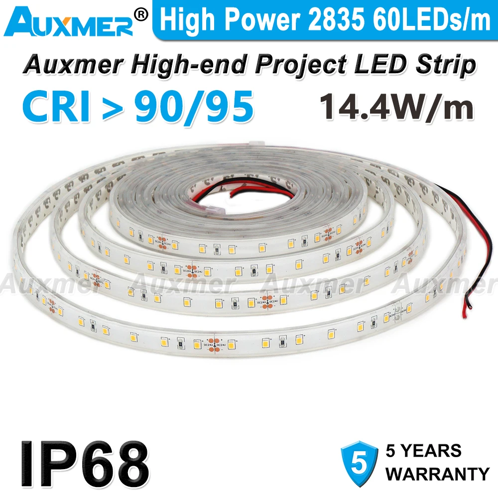 High Power 2835 60LEDs/m LED Strip Lights,14.4W/m,IP68 Waterproof,CRI90/95,DC12/24V LED Tape Light for Outdoor Roof Garden Decor